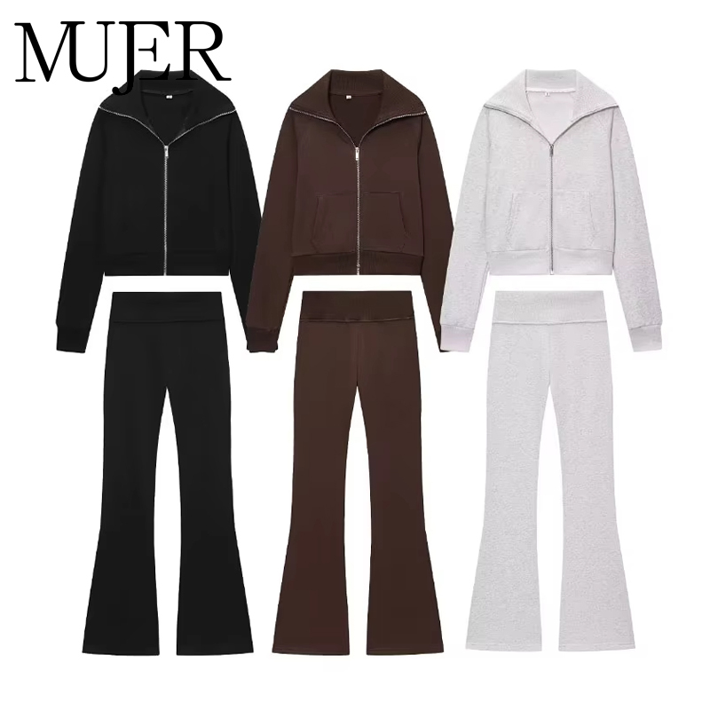 MUJER フレアパンツセット女性用 2 ピースフリースハイウエスト女性のズボンセットジッパークロップド女性のジャケットストリート衣装
