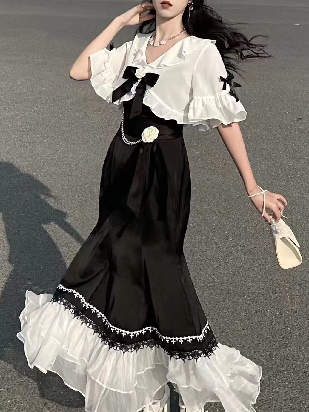 フレンチヴィンテージ妖精ドレス女性レース韓国 2 ピースドレスセット女性 2023 夏かわいい服ロリータミディドレスさえパーティー