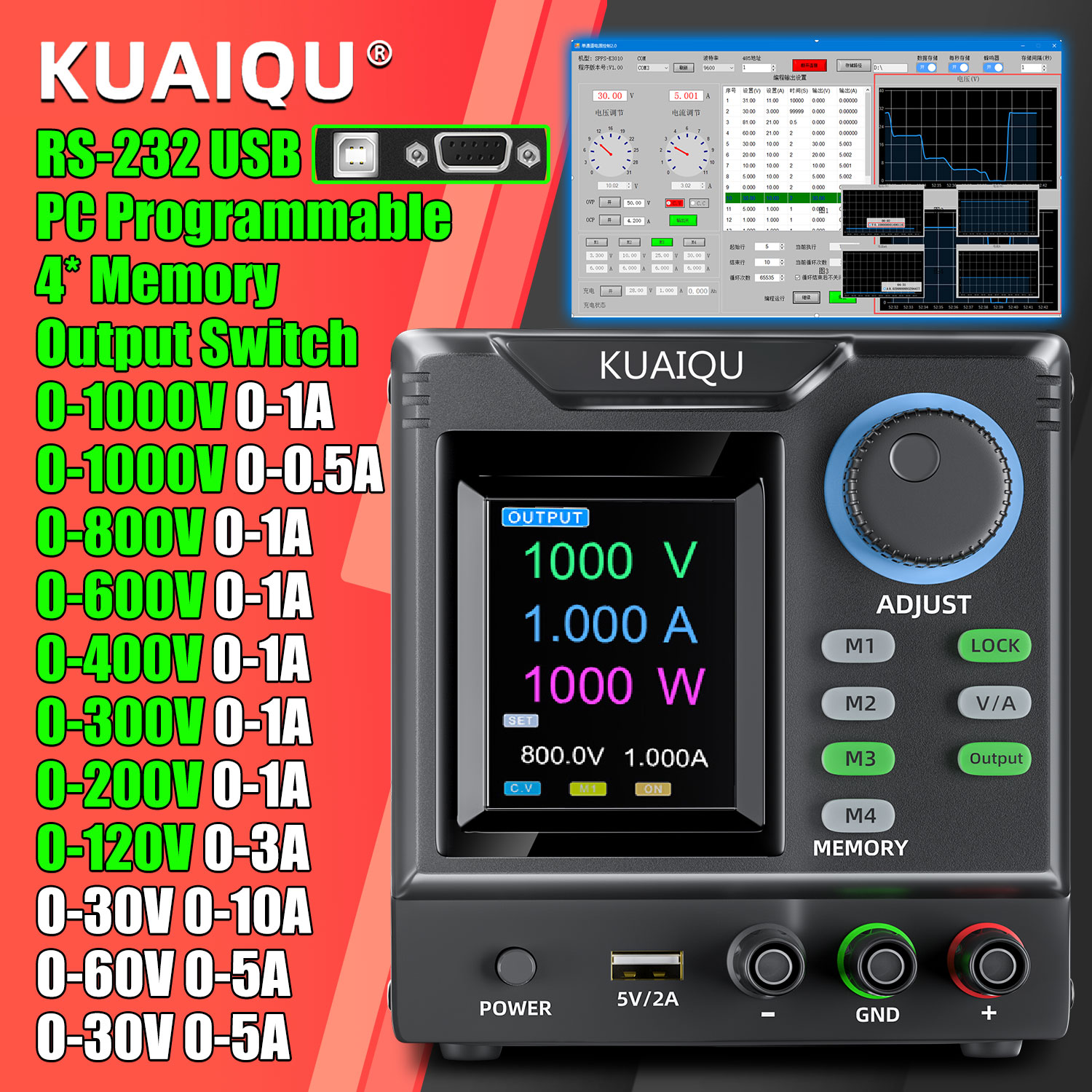 KUAIQU 1000V 高電源 800V 400V 調整可能なラボベンチ電源プログラマブルメモリロック C.C C.V RS-232 USB ソフトウェア