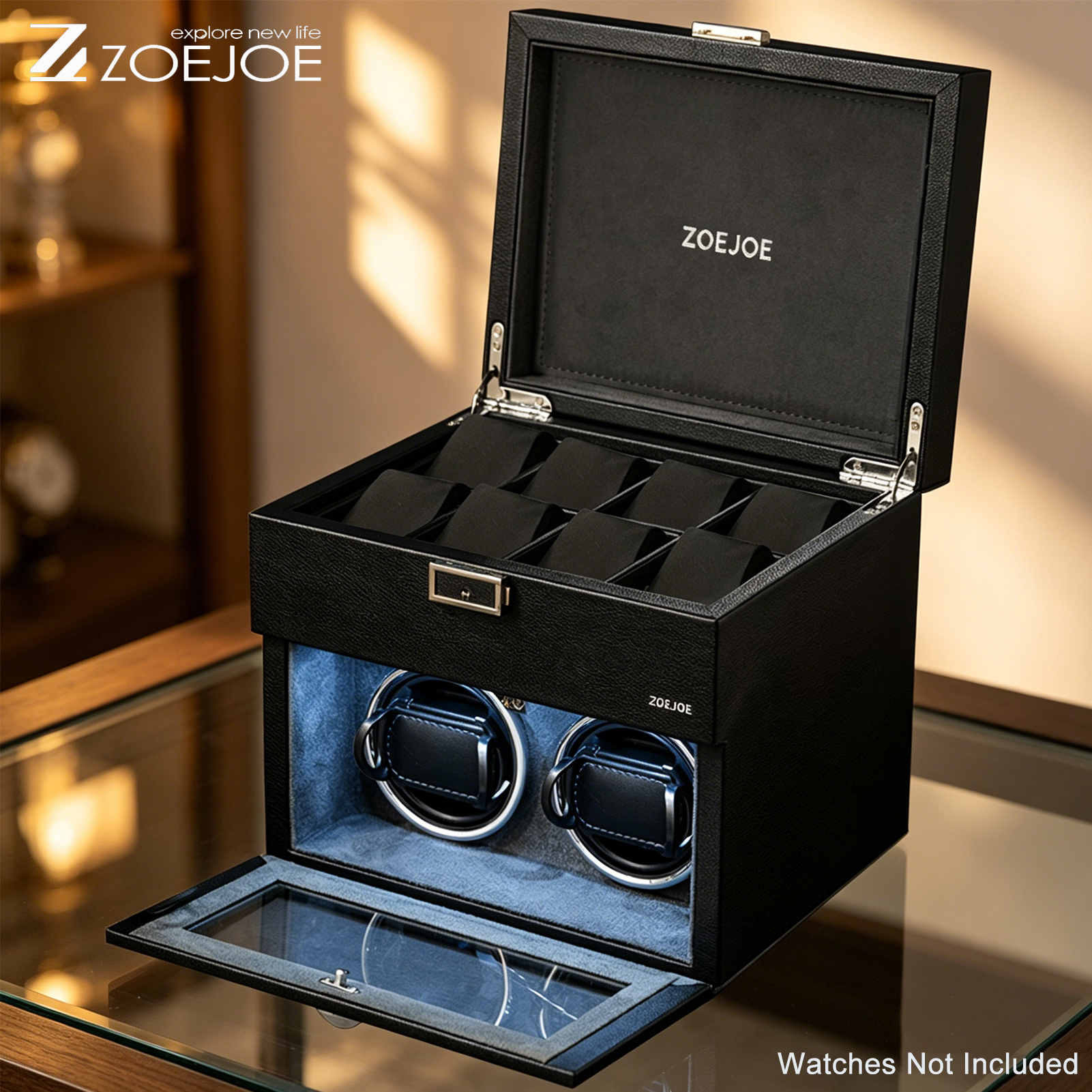 ZOEJOE 自動ウォッチワインダー Pu レザー米国プラグ時計収納ボックス光とクリアカバー付き友人への誕生日プレゼント