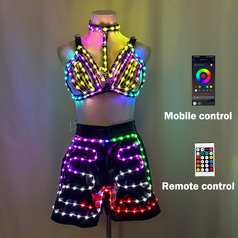 LED ライトアップブラとレザーパンツ発光ナイトクラブダンス衣装暗闇で光るセクシーな女性のステージパフォーマンスダンススーツ