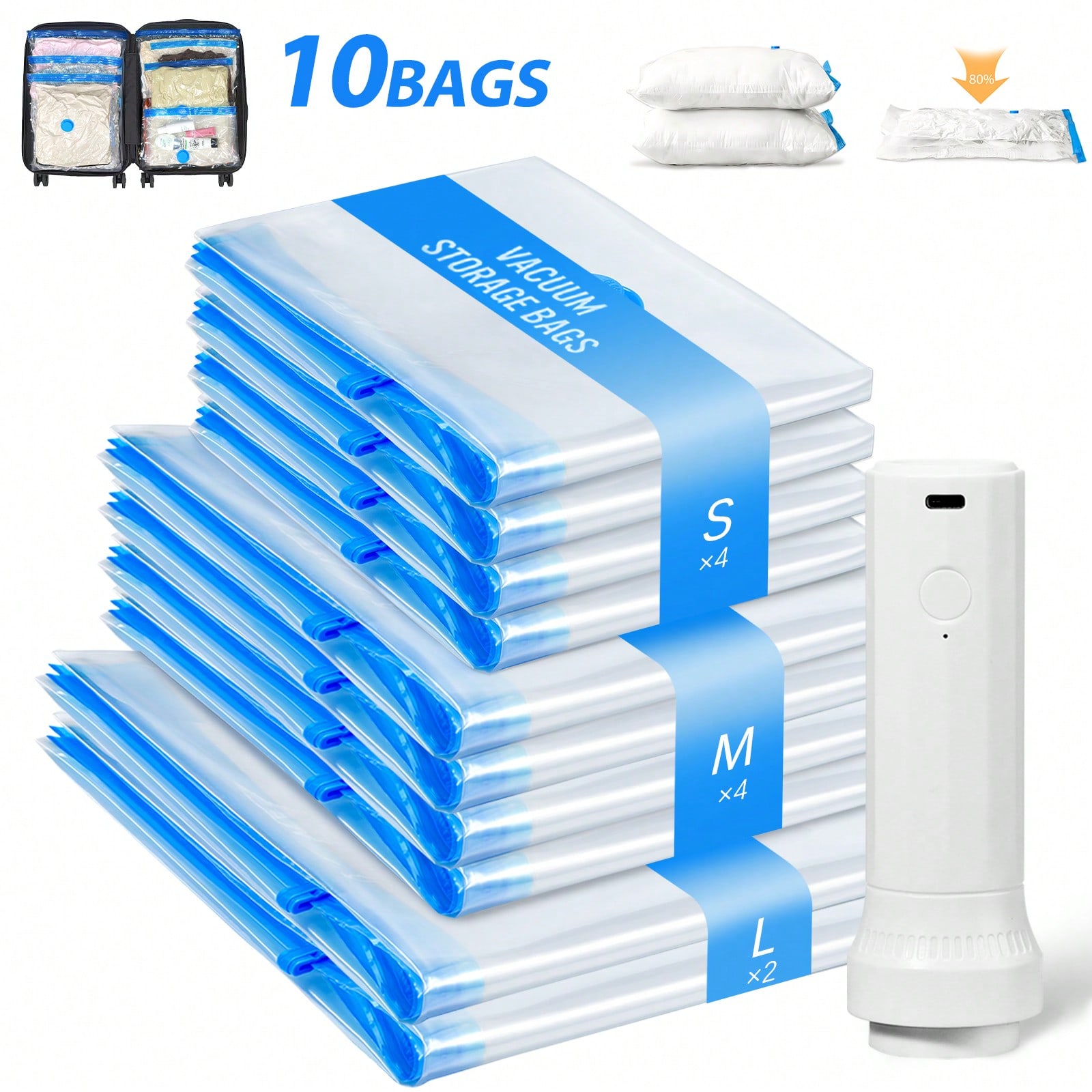 12/15パック真空保存袋と電動ポンプ、1500mAh USB充電式、真空シールバッグ旅行スペース節約真空バッグ旅行荷物衣類寝具、枕、キルト、毛布用