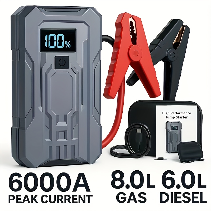 ジャンプスターター パワーパック 6000A 高耐久カーバッテリーブースター 12V ポータブルジャンプスターター 2.11gal ガス 1.59gal ディーゼルエンジン用 QC30 USB 高速充電 LED 懐中電灯安全ジャンパーケーブル Arrancador D