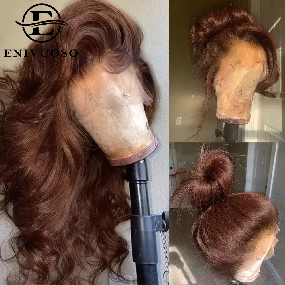 チョコレートブラウンレースウィッグベビーヘア赤茶色 13 × 4 HD 実体波レースフロントウィッグ女性のための合成グルーレスウィッグ