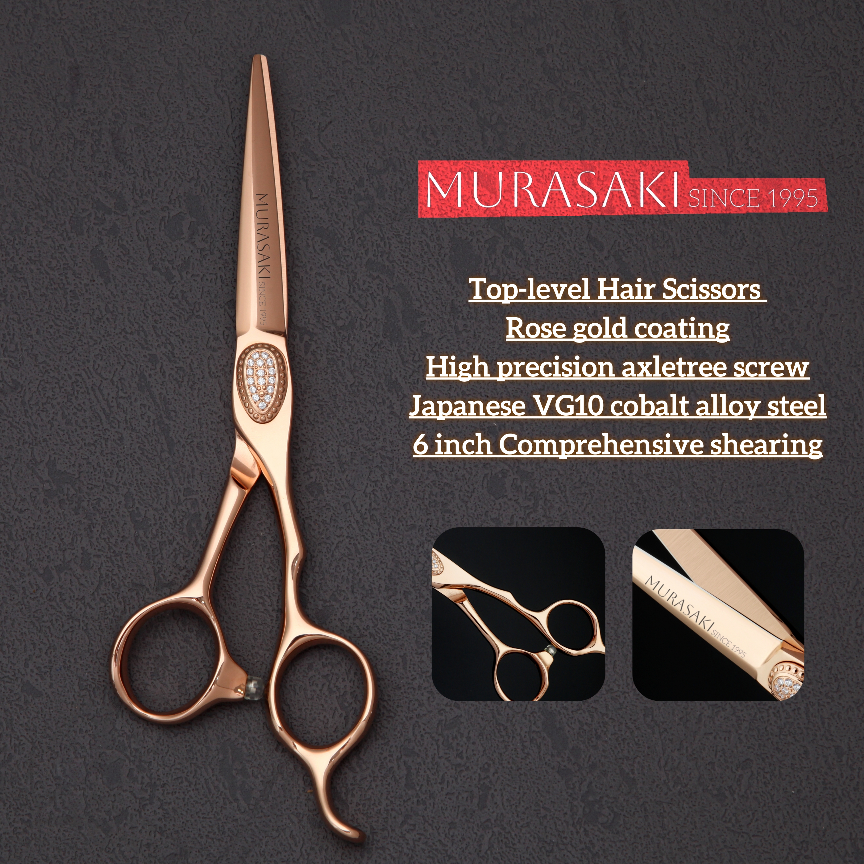 ムラサキプロフェッショナルヘアはさみ、6.0-6.5-6.8 インチローズゴールドコーティング理髪はさみ、日本 VG10 鋼理髪アクセサリー