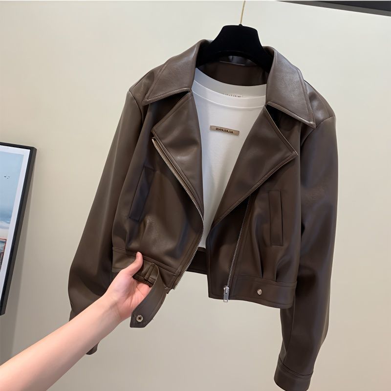 高級ブランドの女性の服オートバイのレザージャケットストリート Pu レザーコートクロップドジャケット Y2k ルース韓国シックなジッパー