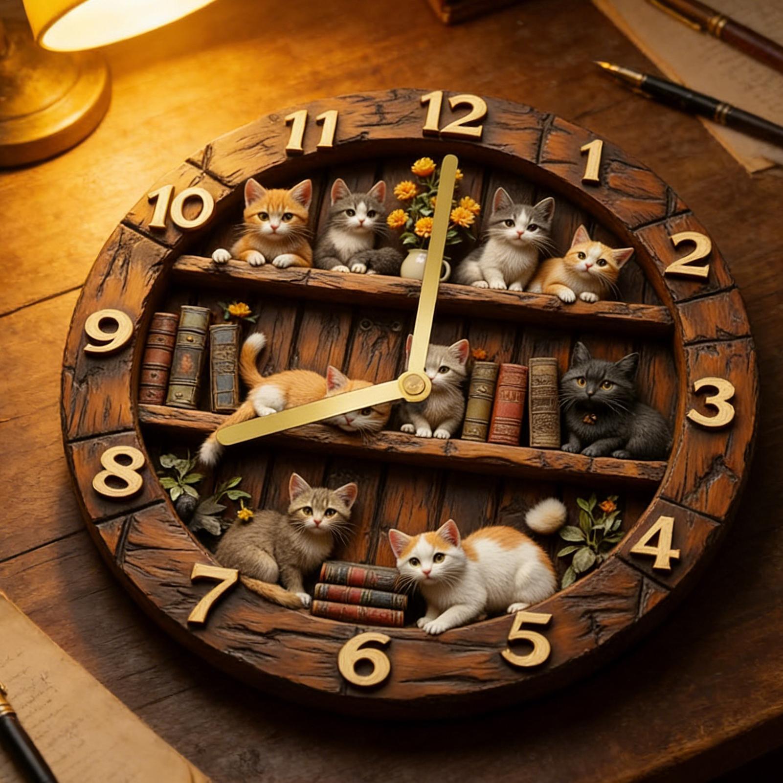 猫がテーマの木製壁掛け時計 12 インチ かわいい動物の装飾 リビングルーム ベッドルーム 農家 ホームオフィスの装飾 サイレント時計