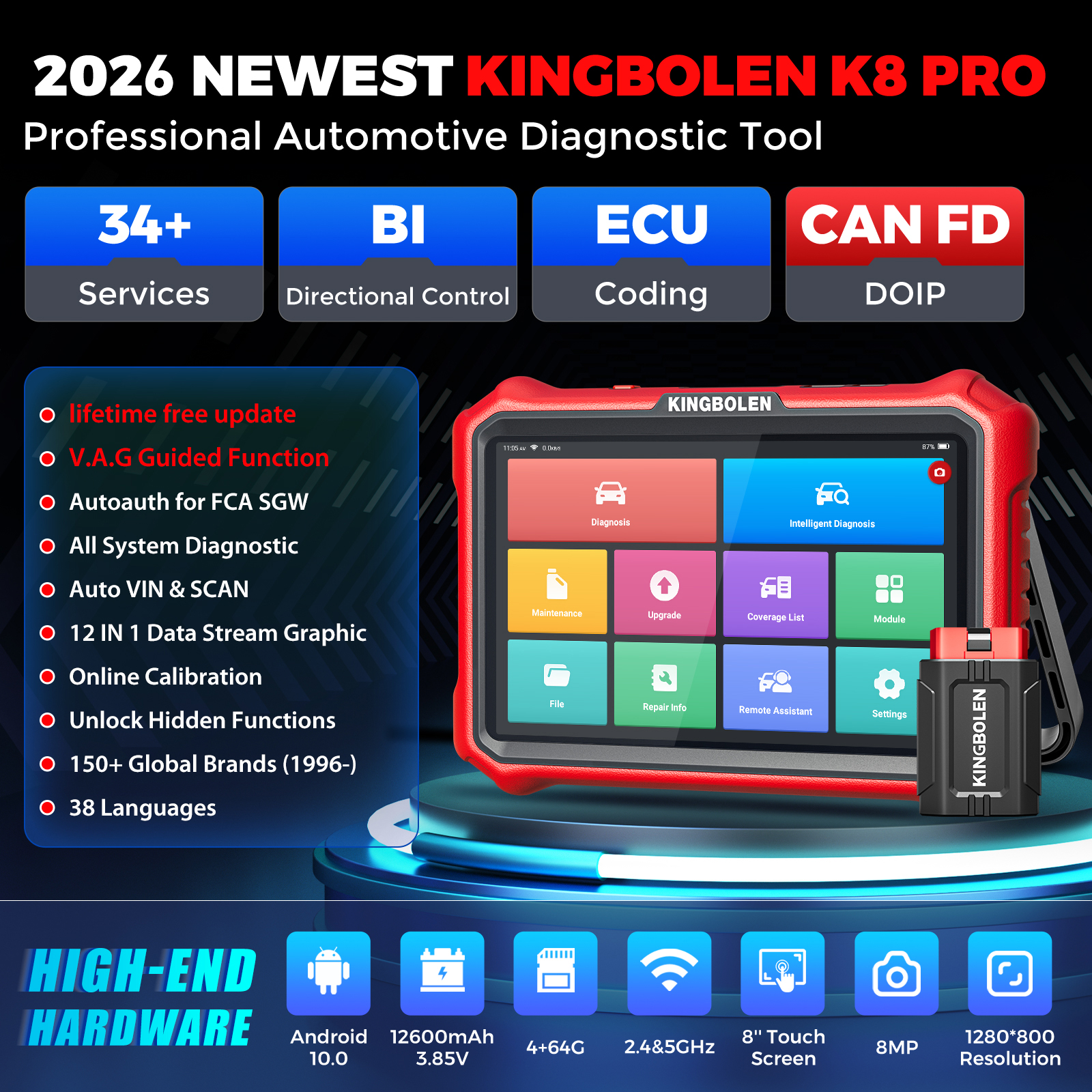 [生涯無料アップデート] KINGBOLEN K8 PRO ELITE 自動診断ツール フルシステム ECU コーディング 40 サービス 双方向 OBD2 スキャナー
