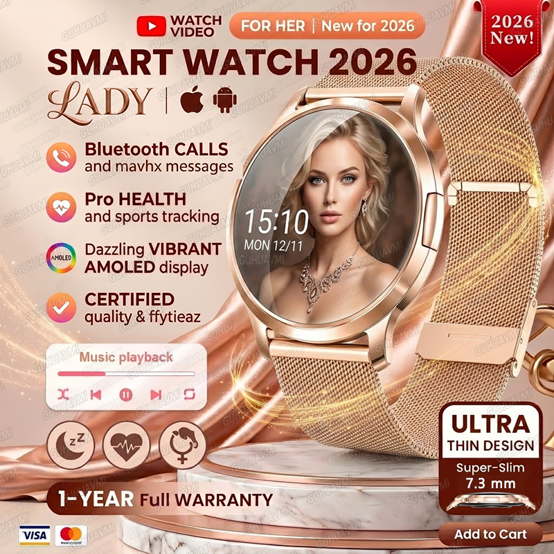 2026 新しいスマートウォッチ女性のための 1.32 "AMOLED ディスプレイ応答通話メッセージ健康スポーツウォッチレディースギフト音楽デジタル時計