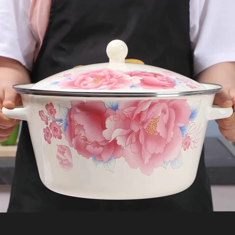 両耳ホーローボウル、蓋付きラードボウル、スープボウル、家庭用キッチンミキシングボウル、漢方薬ボウル