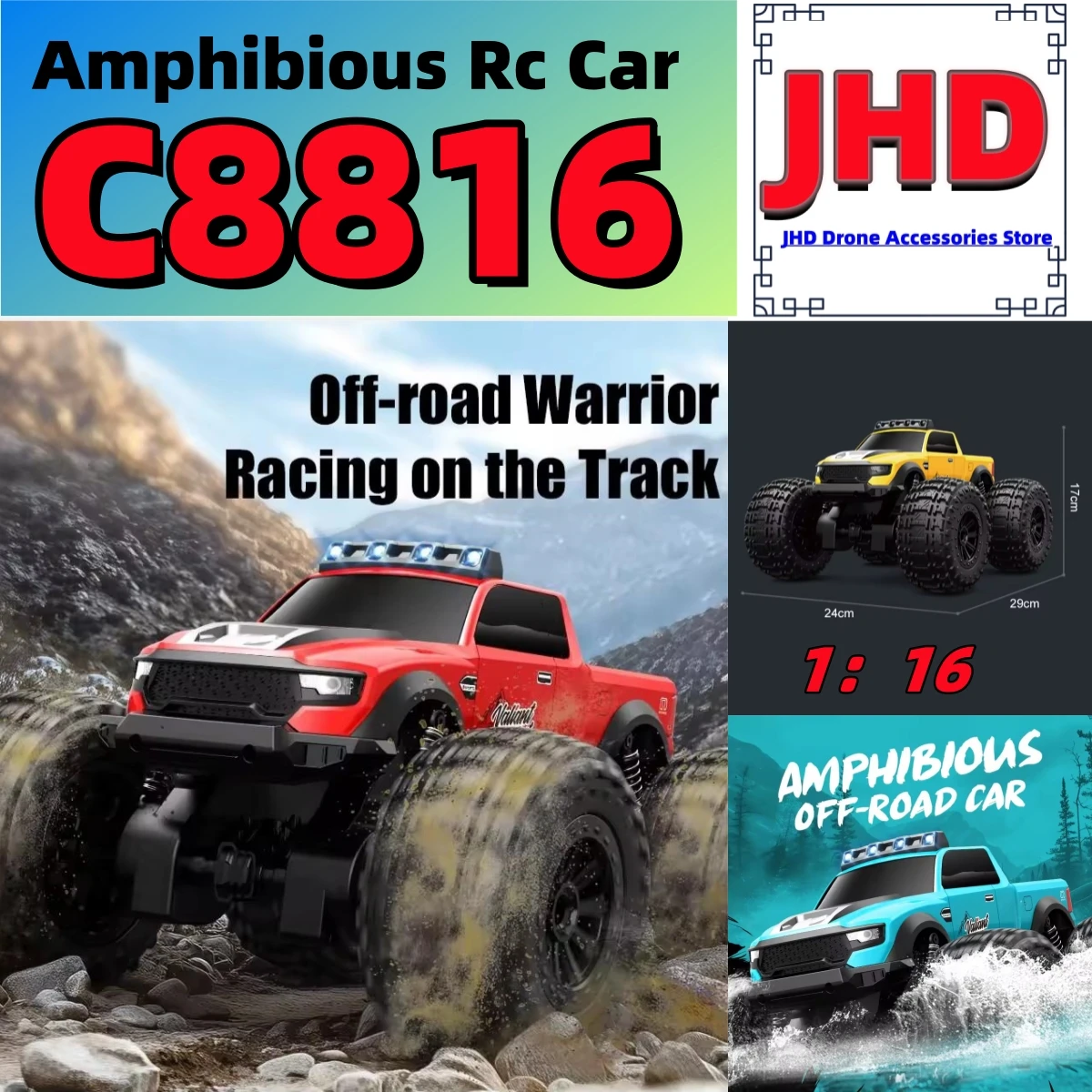 JHD 2025 新しい JJRC C8816 水陸両用 RC カー 4WD オフロードクライミングモンスタートラック LED ライト付き 4 輪ビッグフットバギー C8816