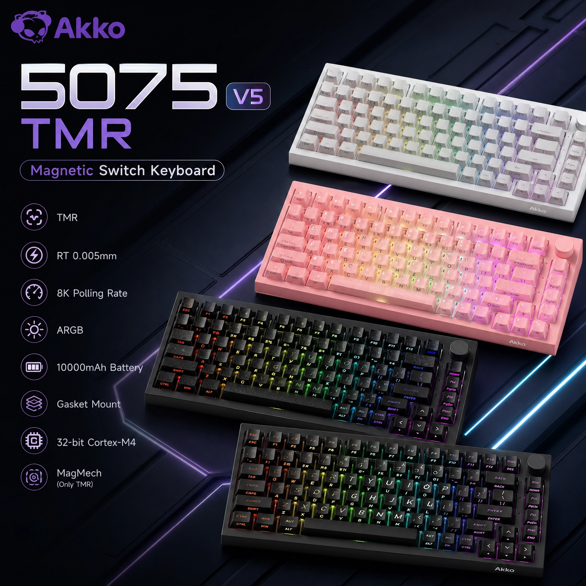 Akko 5075 V5 TMR 磁気キーボード 75% RT0.005mm ホットスワップ 磁気/機械式スイッチと互換性 8K ARGB ゲーミング キーボード