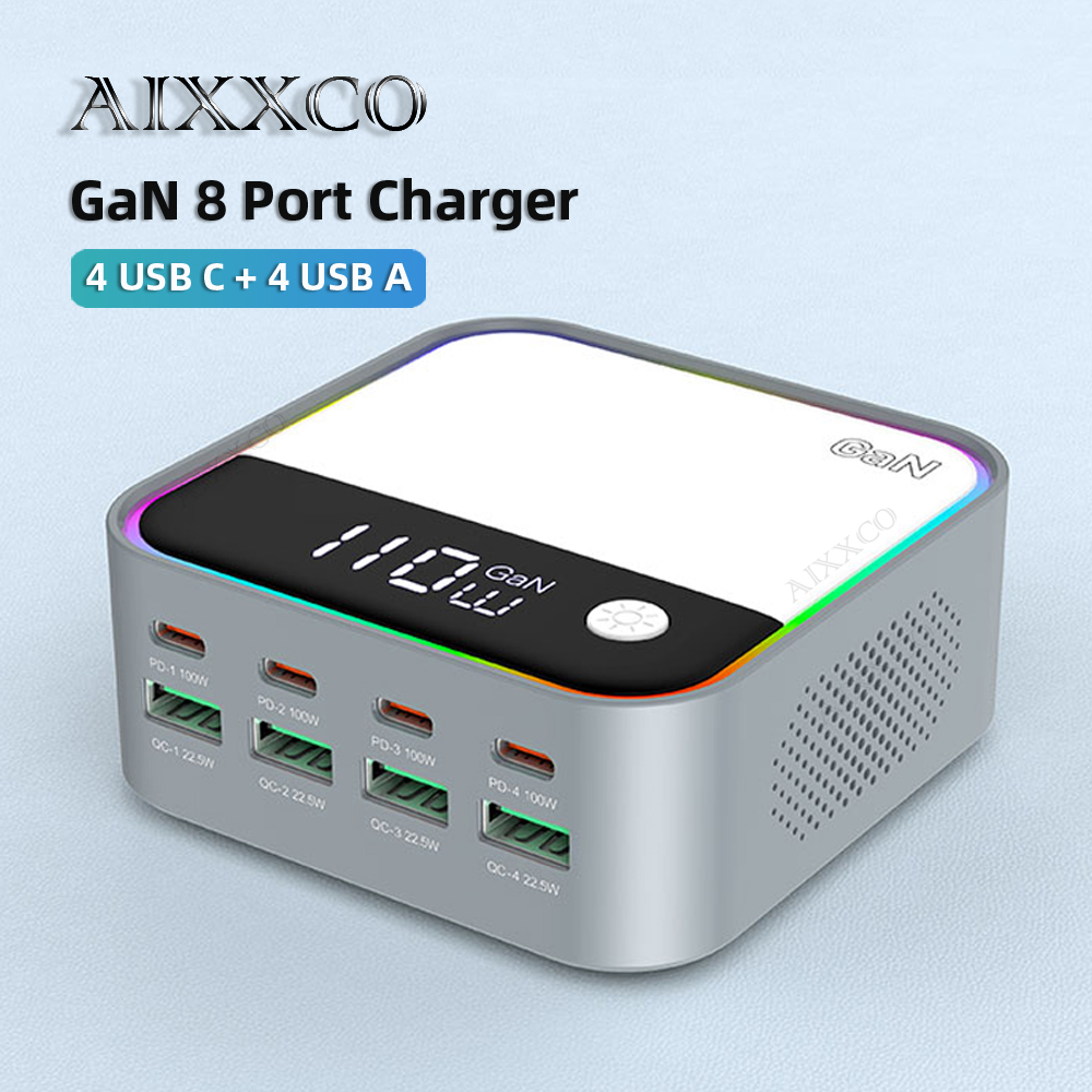 GaN USB C 充電器 8 ポートデスクトップ充電器周囲照明ディスプレイ 100 ワット PD PPS 急速充電器ラップトップ iPhone 15 サムスン