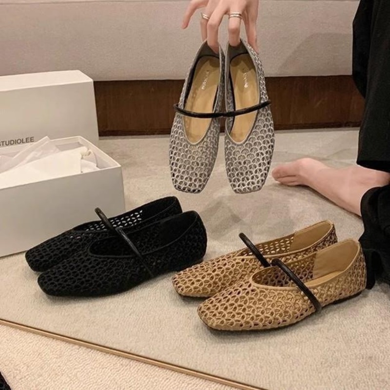 New Square Toe Hollow-out Woven One-Strap Versatile Soft Slip Single Shoes Women's Soft Sole Non-Slip Flats