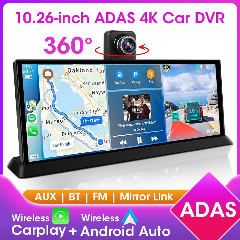 10.26" ADAS 4K Dash Cam Wireless CarPlay & Android Auto Screen for Car,360° Rotating Lens Car DVR,Navigation Dashboard Recorder