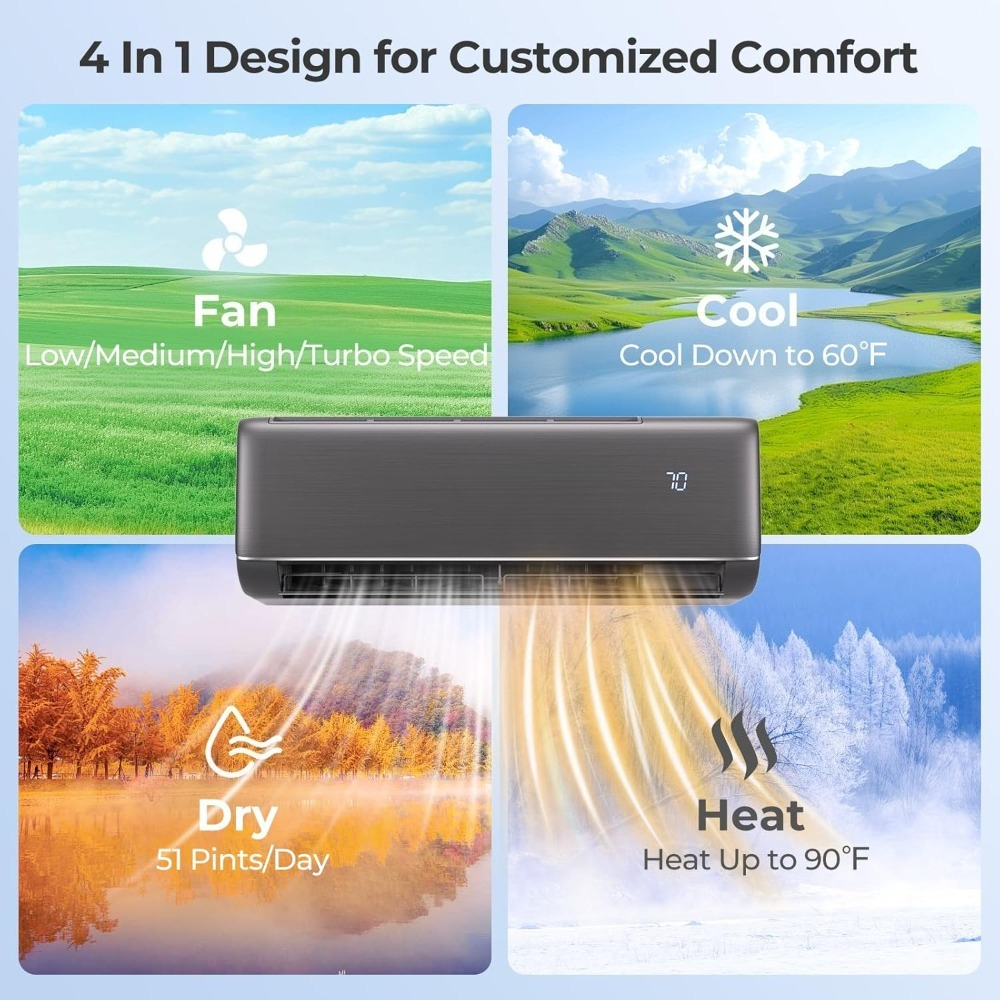 12000 BTU ミニ スプリット エアコンとヒーター 22 SEER2 115V インバーター ヒート ポンプ システムは最大 750 平方フィートを冷却します Alexa