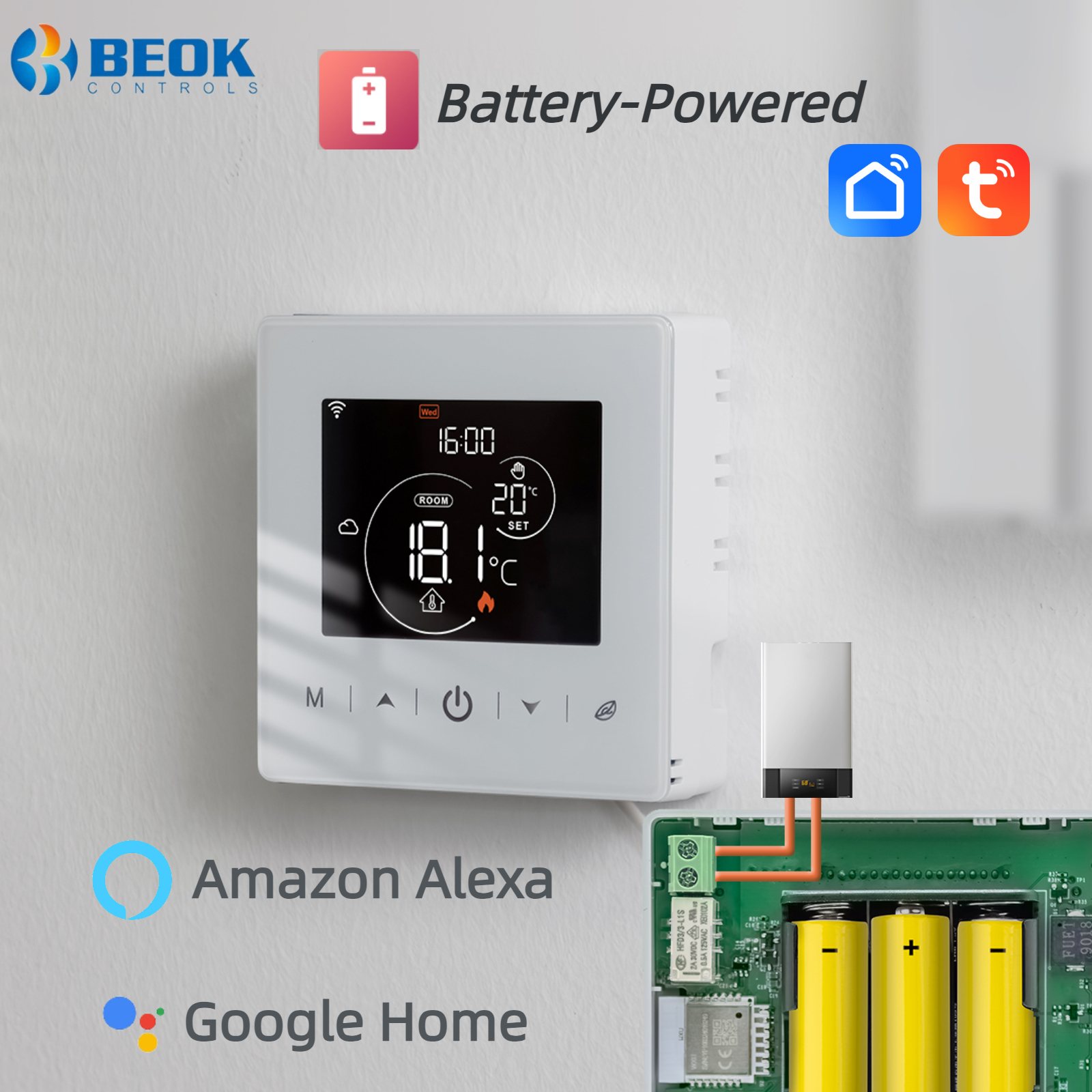 Beok スマートホーム Tuya WIFI サーモスタット ガスボイラー用電池式温度調節器 スマートライフ Alexa Google Home と連携