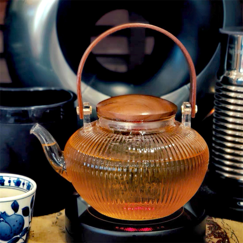 800 ミリリットル縦ストライプ木製ビームガラスティーポット茶 Infsuer 沸騰プーアルウーロンカンフー茶セット健康花ティーメーカー