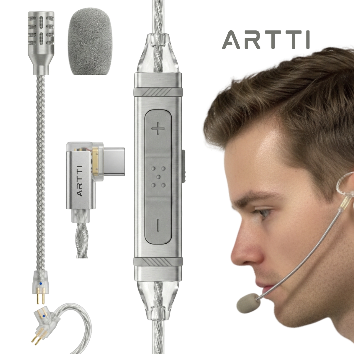 ARTTI CARRYING 3-in-1 ゲーミング IEM ケーブル、Hi-Fi DAC 付き取り外し可能なブームマイク付き、0.78mm 2 ピン、スマートフォン、PC 用 Type-C プラグ