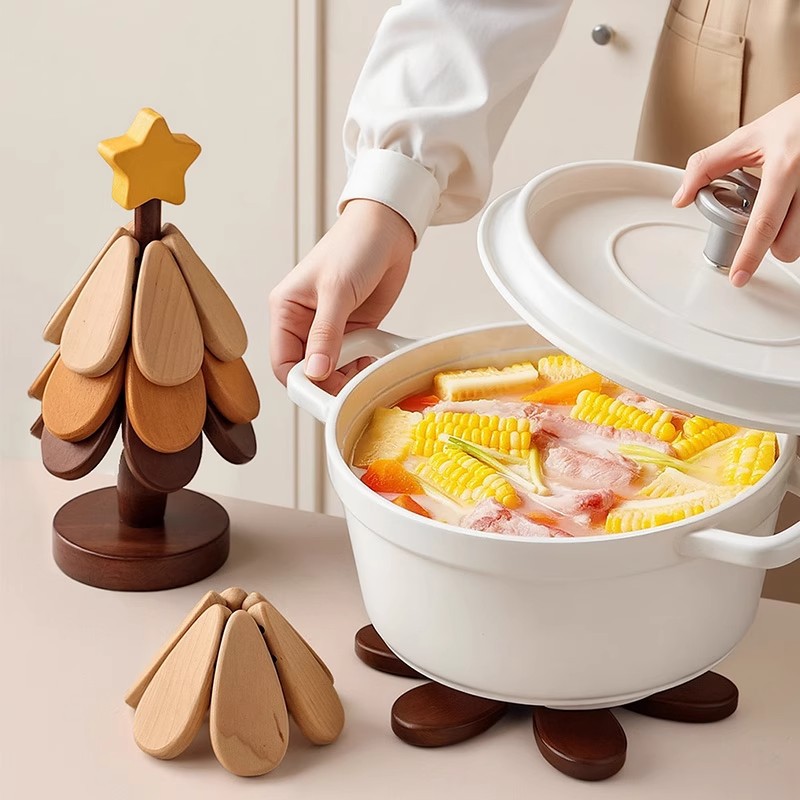 クリスマスツリー木製五徳セット、積み重ね可能な耐熱コースター、スタンド付きお手入れ簡単火傷防止マット、ダイニングテーブル用マット