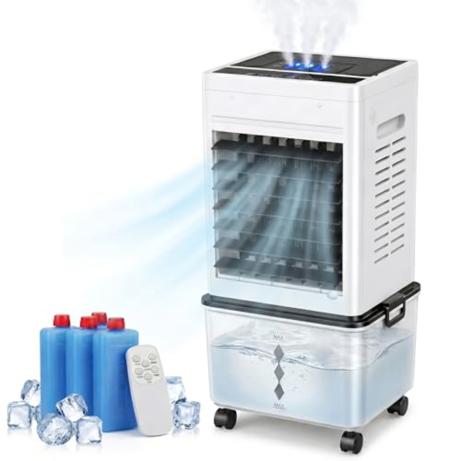 寝室およびオフィス用のスワンプ クーラー、グレーのプラスチック ハウジング、蒸発冷却機能付き 4-in-1 ポータブル エアコン、6 秒