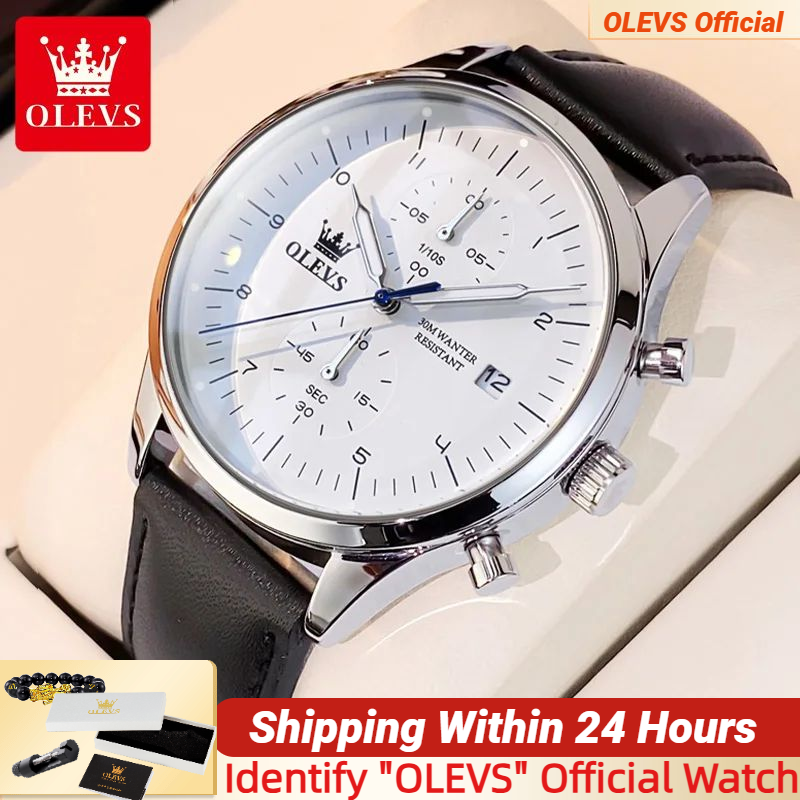 OLEVS オリジナルメンズ腕時計高級トップブランドのレザーストラップクォーツ男性 WirstWatch 防水日付ビジネスクォーツ時計男性のための