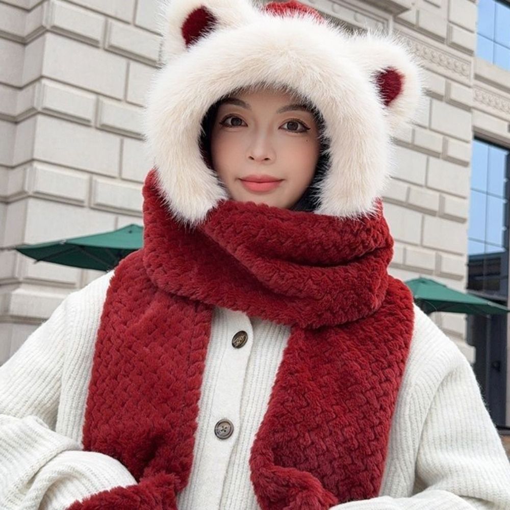 高価値クマ保護帽子厚みのあるデザインソフト統合キャップ手袋スカーフ甘い防風耳保護帽子