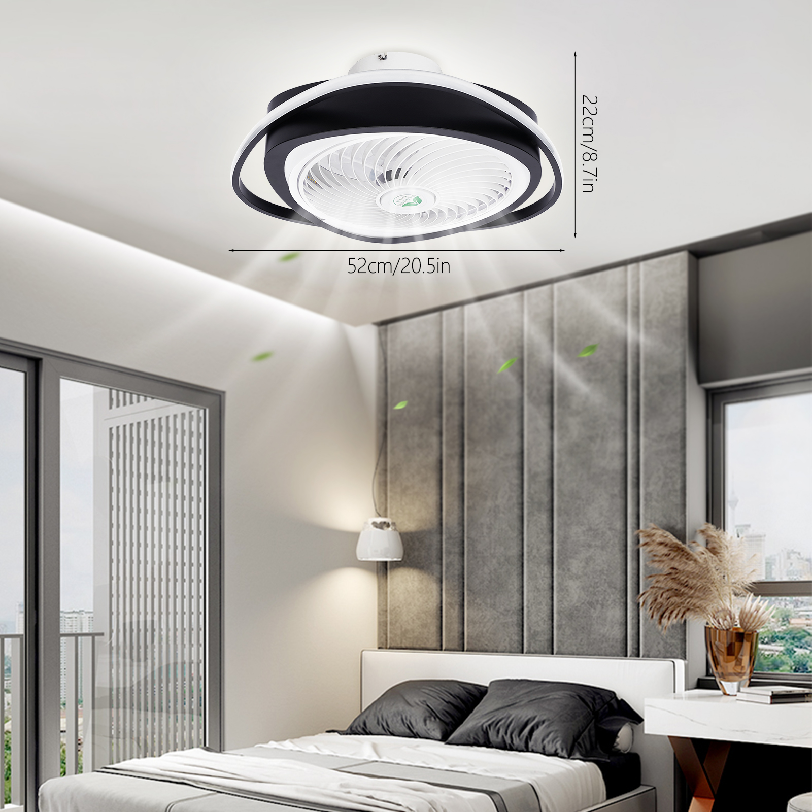 ライト付きシーリングファン 20インチ LED リモコン 完全に調光可能な照明モード 目に見えないアクリルブレード 15㎡ 適切なエリア