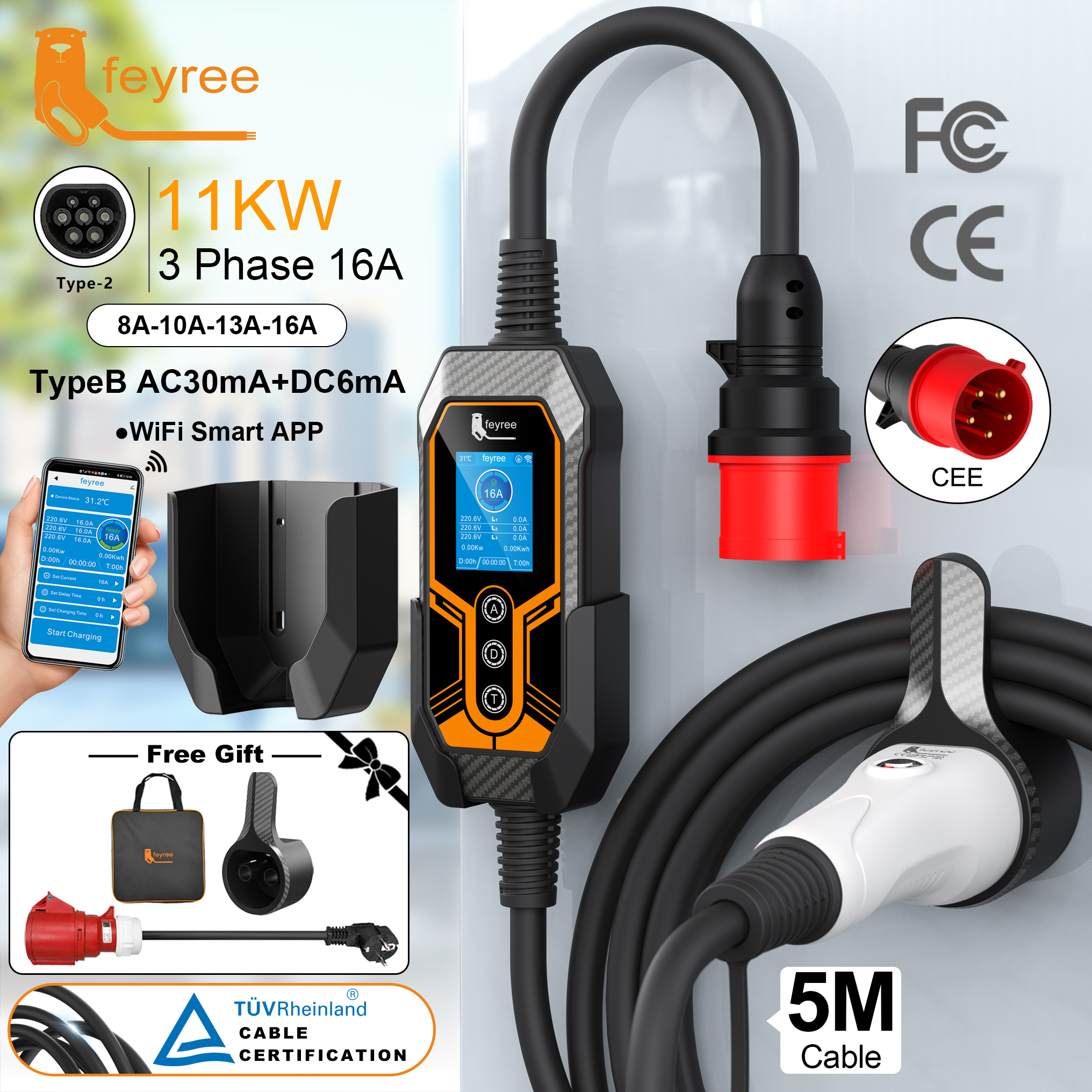 Feyree EV 充電器ポータブル壁ホルダー付き新しくアップグレード Type2 16A11KW 3 相 Wifi APP 制御 EVSE 充電ボックス アダプター付き
