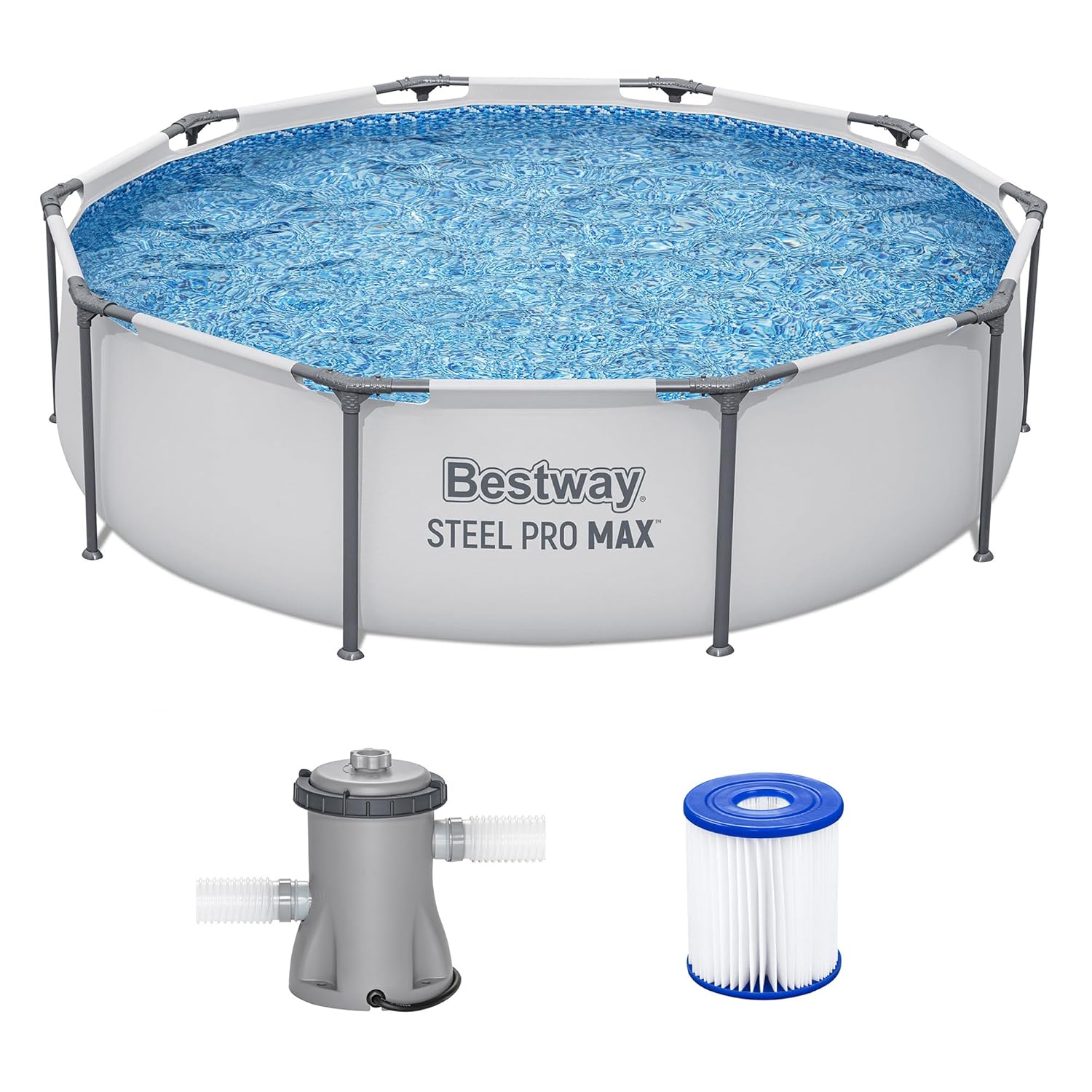 Steel Pro MAX 地上プール 10 フィート x 30 インチ、ラウンドメタルフレーム屋外スイミングプールセット、フィルターポンプ付き
