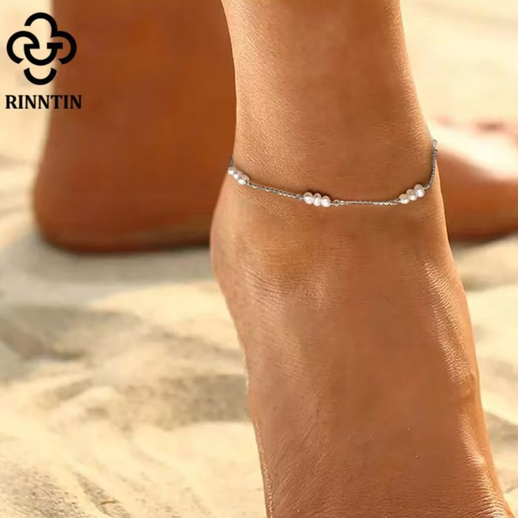 Rinntin 925 スターリングシルバー天然真珠アンクレット女性ガールズファッションフットブレスレットアンクルストラップ真珠サマージュエリー SA36