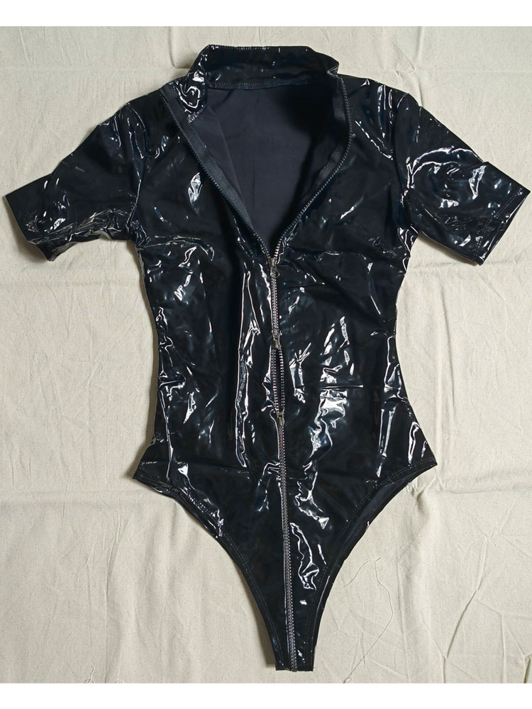 M-4XL Wet Look PVC Catsuit Short Sleeve Shiny PU Leather 2 Way Zipper Crotch Bodysuit Tight Cosplay Body Teddies Leotard Unitard