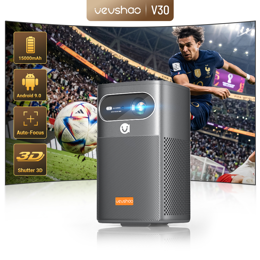 VEVSHAO V30 400ANSI DLP Projector Android 9.0 TOF Focus 3D Dual-band WiFi Bluetooth 5.0 15000mAh Battery Home Theater