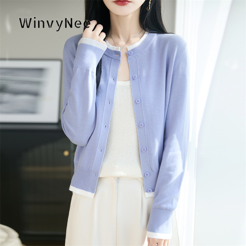 WinvyNee 女性カラーブロックファインピュアウールファッションクルーネックカーディガンソフト暖かいニットアウター秋冬ニットコート ZB1227026