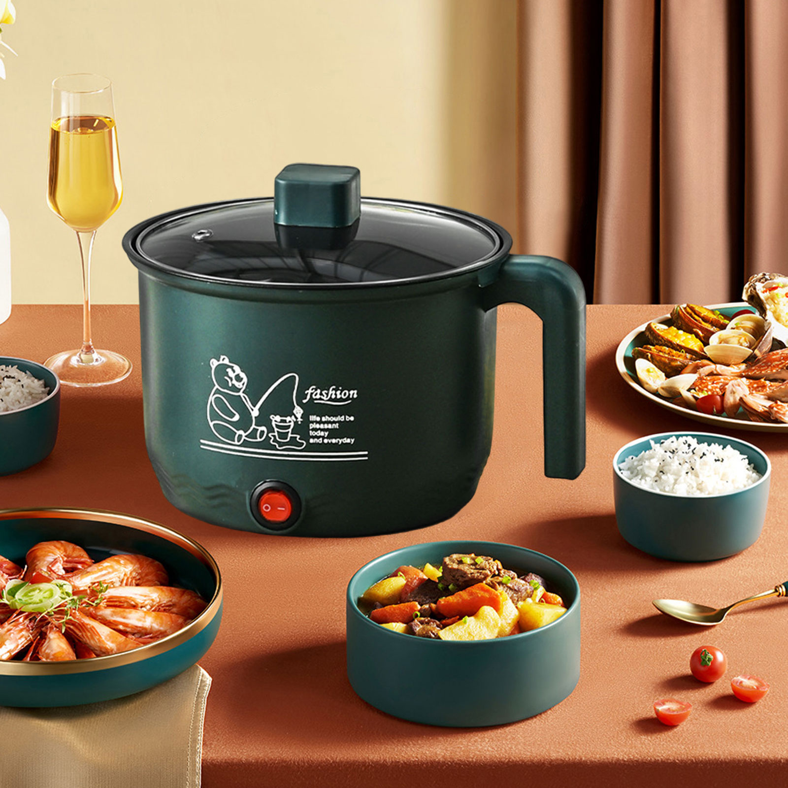 ミニ鍋テフロン加工麺調理器 1.8L 小型電気炊飯器 600 ワット多機能電気フライパン卵調理パスタ用