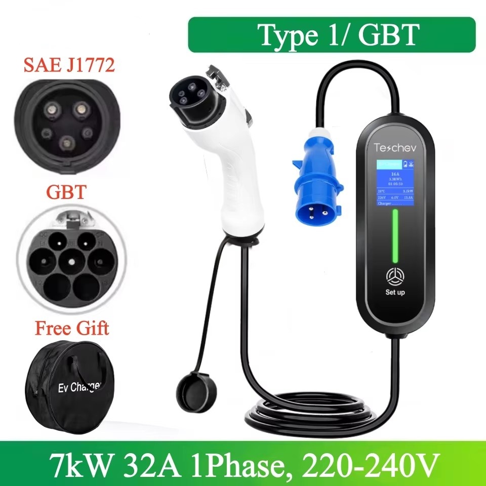 ポータブル 32A 7kW ポータブル EV 充電器タイプ 1 タイプ 2 急速充電ケーブル GBT ウォールボックス家庭用充電ステーション電気自動車用
