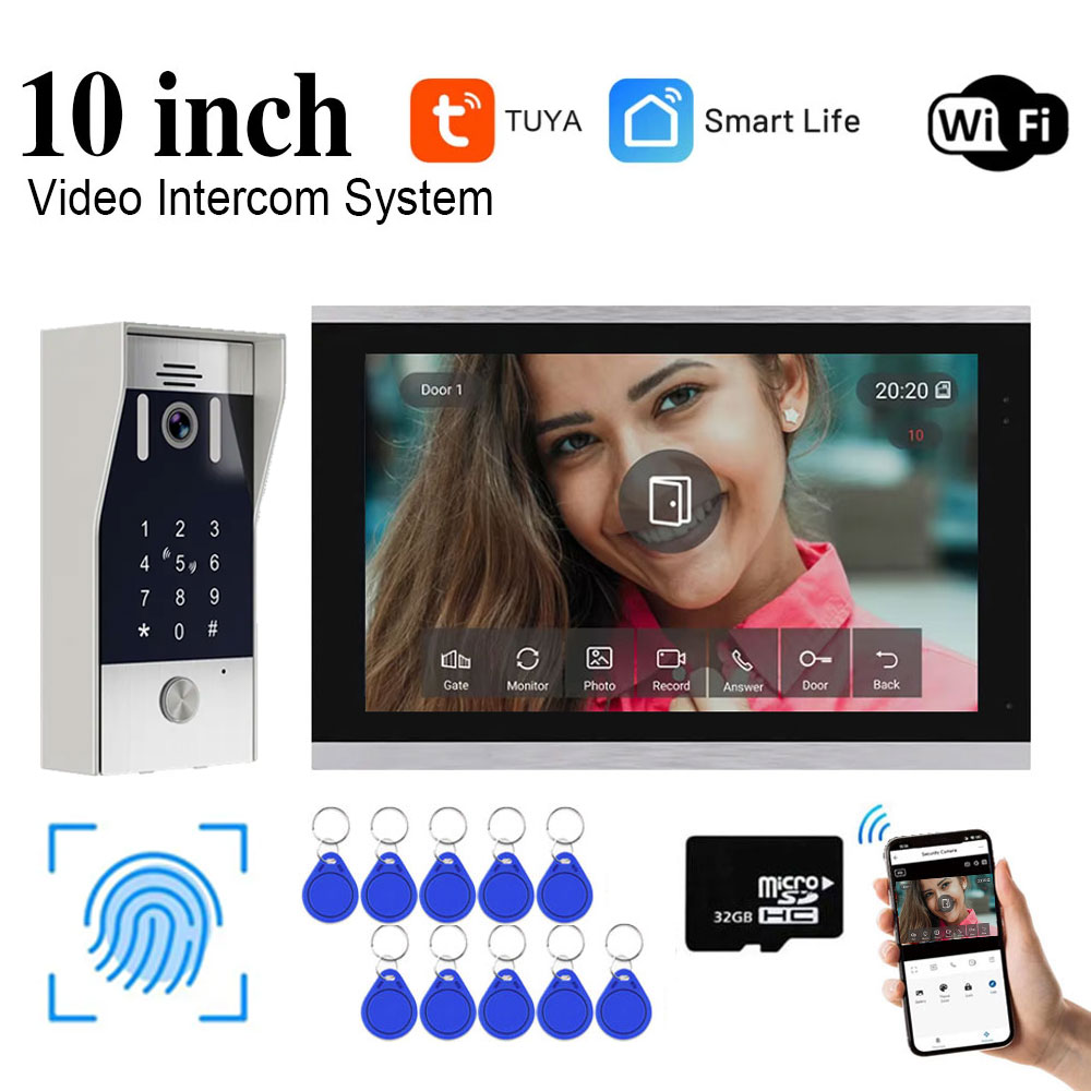 新しい 5in1 指紋ロック解除 Tuya スマート 10 インチ Wifi ビデオインターホンシステムビデオドアホンカメラモーション検出器 1080P