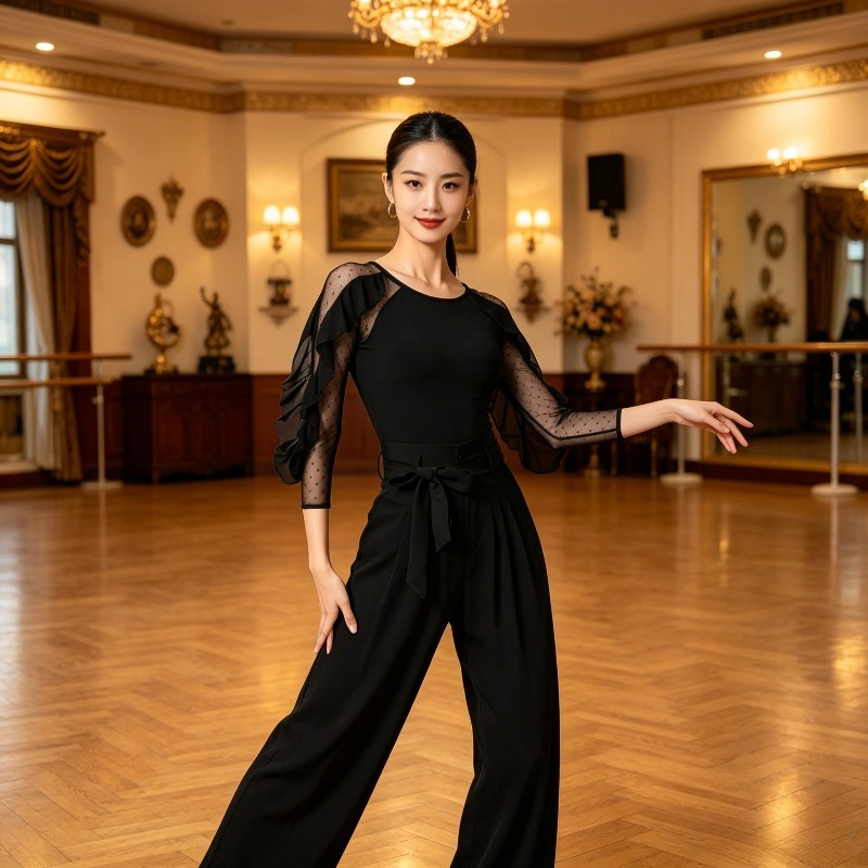女性 O ネックチュールスリーブラテンダンストップセクシーな社交現代競技練習パフォーマンス衣装ラインダンストップダンスウェア