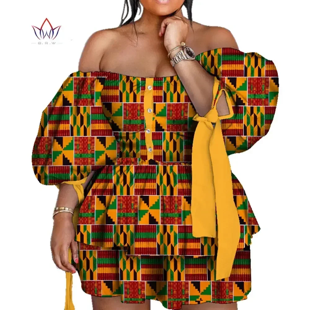 BRW アフリカドレス女性の夏 Dashiki オフショルダー二層ミニ Dess 伝統的なアフリカ服パーティードレス WY5567