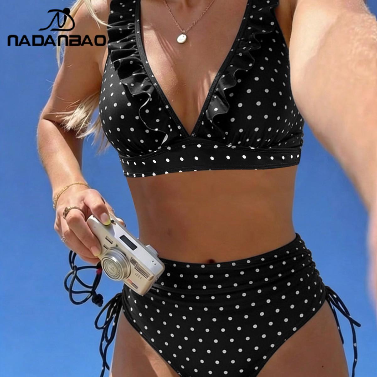 Nadanbao レトロ水玉プリントビキニセットセクシーな V ネックフリル水着黒巾着女性の水着ビーチプール水着