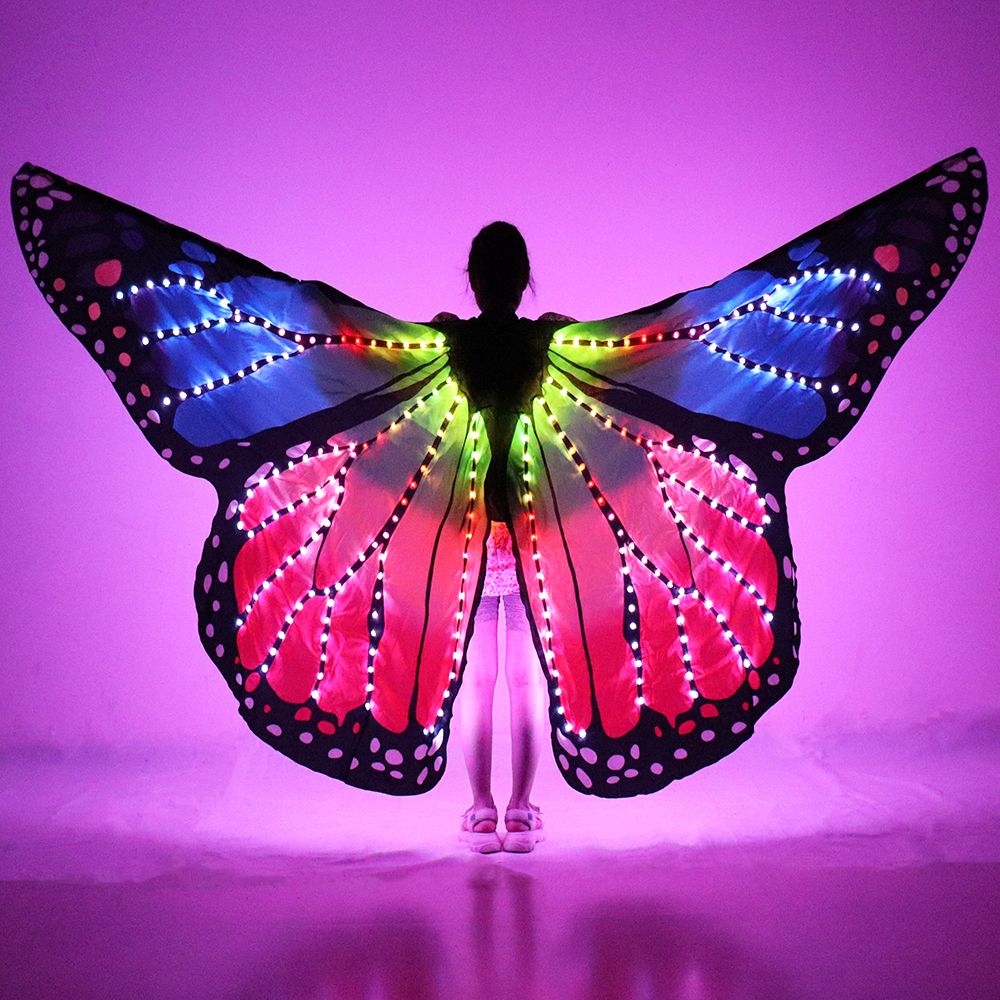 フルカラー女性ベリーダンス LED 翼ハロウィンステージガール LED ライト蝶衣装虹色ダンス光るマント小道具