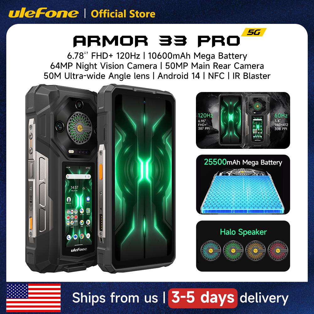 Ulefone Armor 33 Pro 5G 頑丈な電話 25500 mAh 512GB ROM 120Hz 6.59 インチ 3.4 インチ背面スクリーン NFC Android スマートフォン