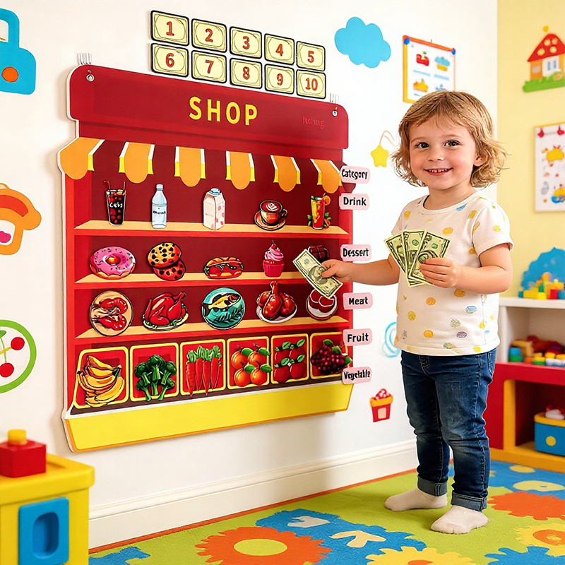 子供ふりスーパーマーケットショップ壁フェルトボードモンテッソーリシミュレーション食料品ロールプレイセットストア食品仕分け教区教育玩具