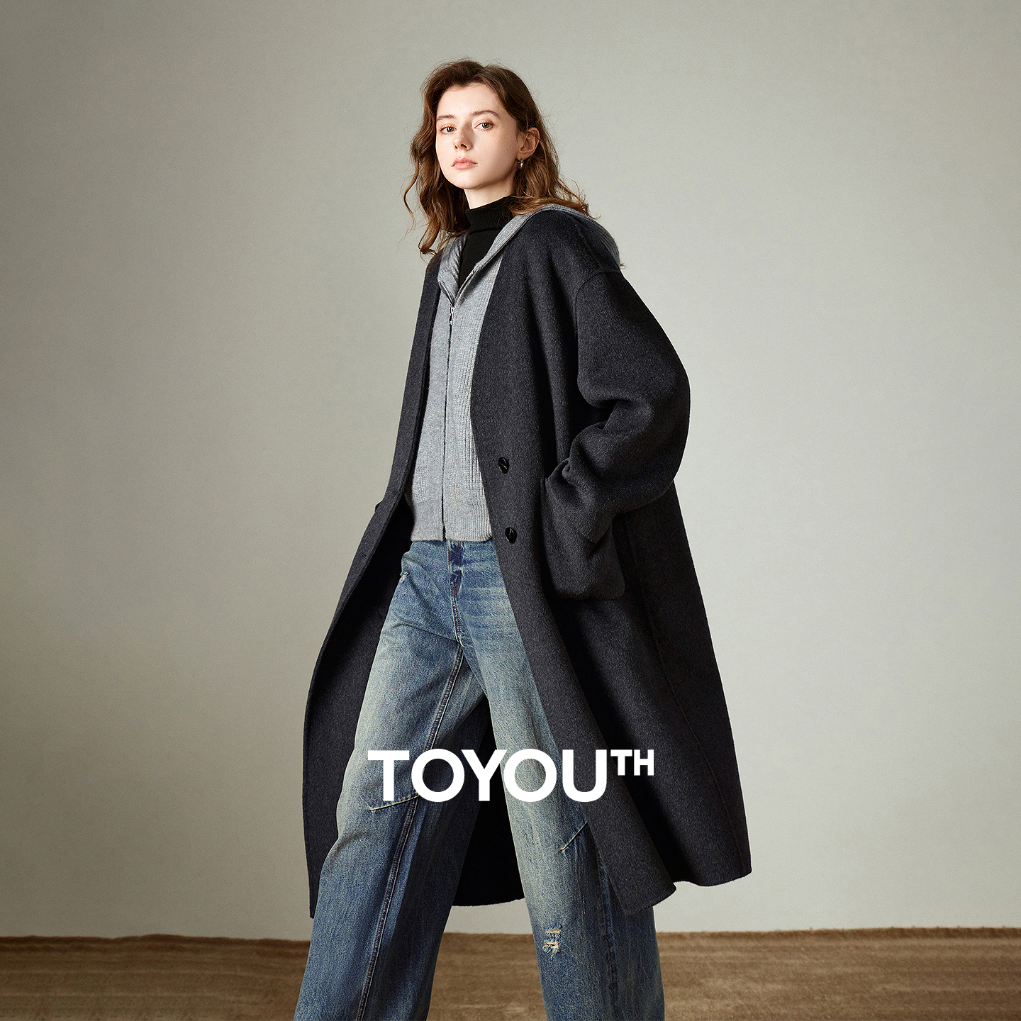 TOYOOUTH 女性ウールコート 2025 冬の新 V ネックミッドレングスレトロ女性オーバーコートジャケットキャメルブラックグレー