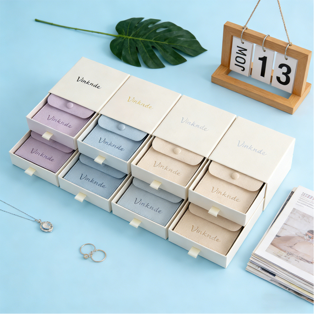 50Pcs Custom Logo 9x9x3.2cm Beige Drawer Box Earrings Ring Paper Boxes Jewelry Packaging Case Bracelet Button Snap Bag Pouches