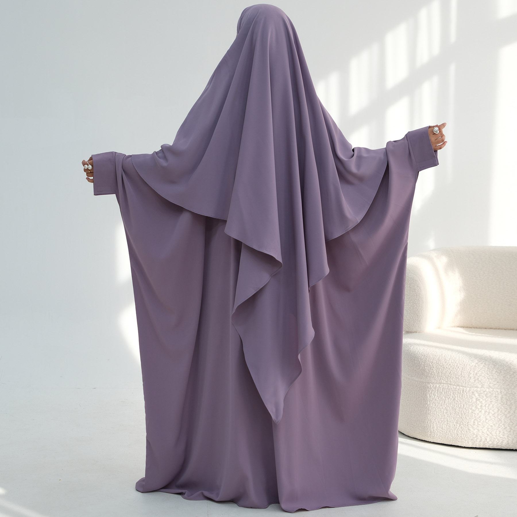 ラマダン イード エクストラルーズフィット イスラム教徒 女性 祈り アバヤ キマール セットジップ フロント バットウィング スリーブ フック ループ カフ アバヤ ドレス、ロングスカーフ