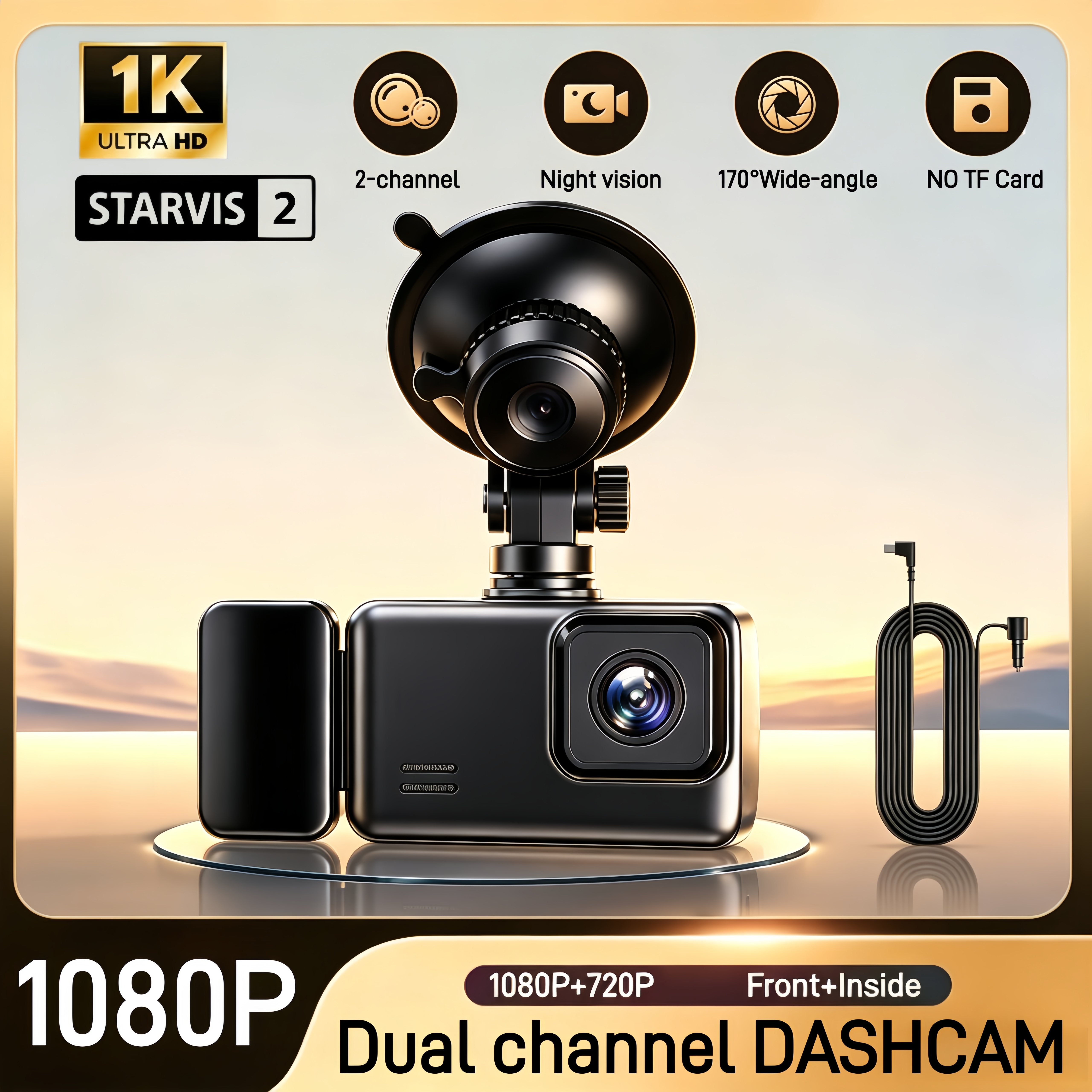 1K 2チャンネルダッシュカムフロントインサイドSTARVISセンサー、TFカードは含まれません、1080P 720Pカーダッシュカメラ、2.0インチIPSスクリーン、IRナイトビジョン、HDR、24/7パーキングモード