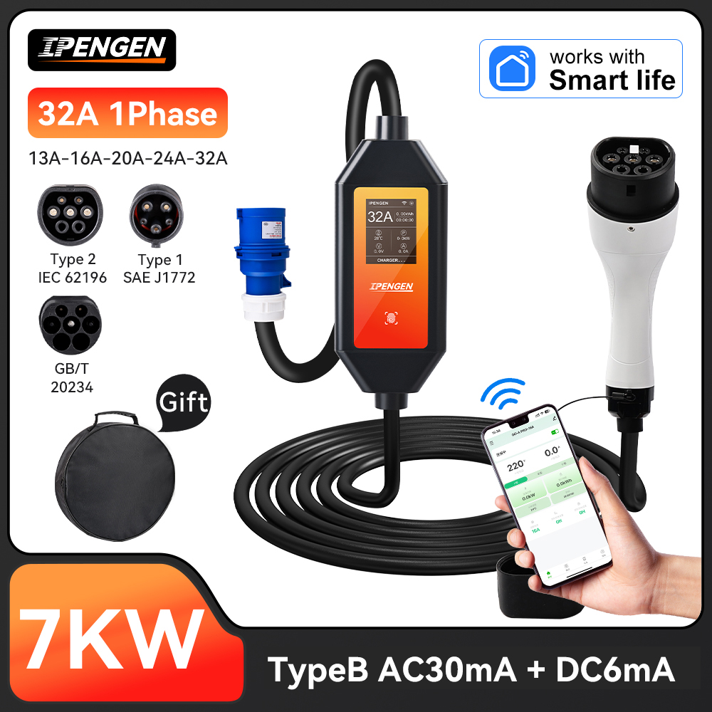 IPENGEN 7KW 32A Type2 Type1 EV 充電器急速充電電気自動車 EVSE ポータブル GB/T 車のバッテリー充電器 WiFi APP 制御