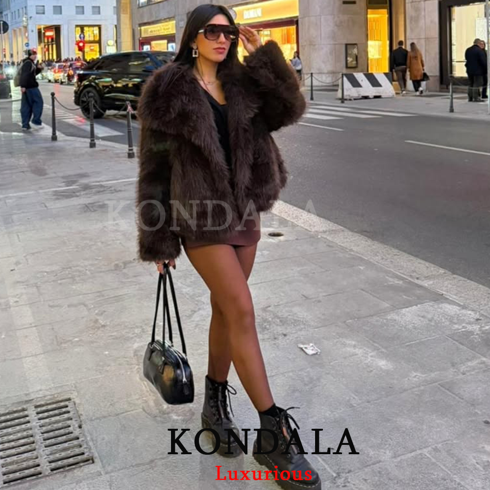 KONDALA カジュアルブラウン厚い毛皮のジャケット女性長袖 V ネック秋冬フェイクファーコートファッション 2025 ストリート生き抜く