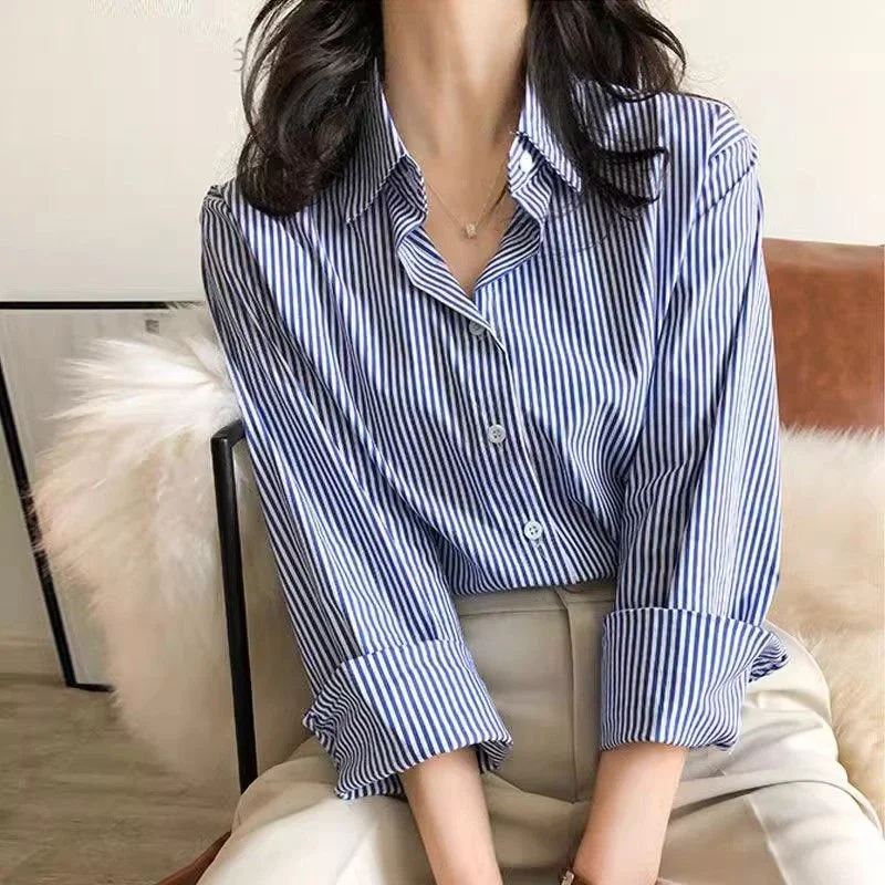 AOSSVIAO 2026 クラシックストライプ女性春秋ブラウスシャツ女性ロングランタンスリーブスタンドカラールーズ Blusas トップス